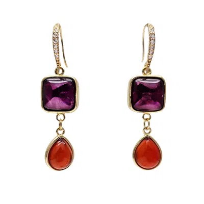 Farra Women's Pink / Purple Natural Garnet With Red Agate Dangle Earrings