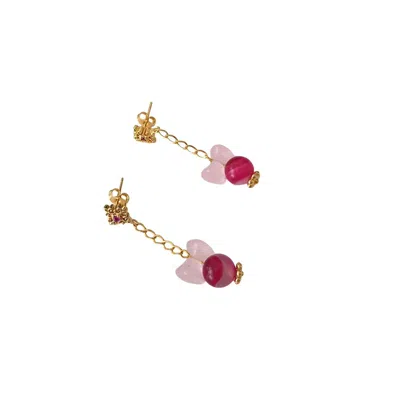Way To Chic Women's Pink / Purple / Gold Gold-plated Earrings With Pink Zirconia, Rose Quartz Bow And Pink Lace 