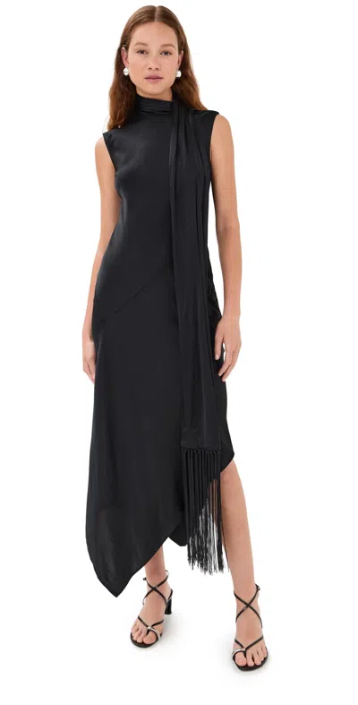 Acne Studios Dale Attached Scarf Asymmetric Satin Dress In Black
