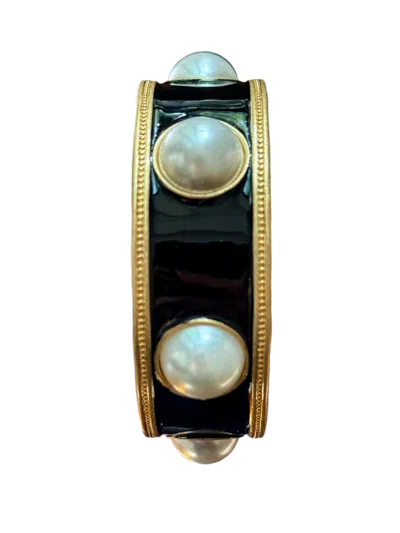 Laura Gray Women's Black Enamel Faux Pearl Wide Gold Bangle