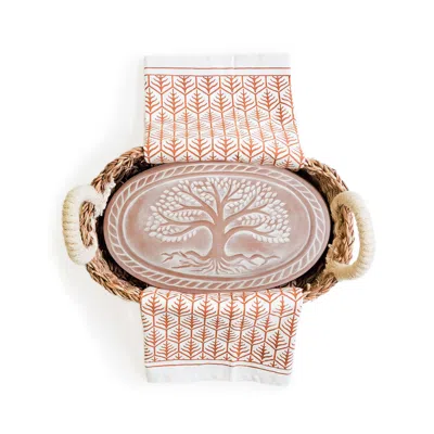 Korissa Bread Warmer & Basket Gift Set With Light Brown Tea Towel - Tree Of Life Oval