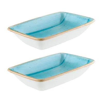 Turgla Home Aqua Rectangular Blue Porcelain Deep Side Plate, Set Of Two