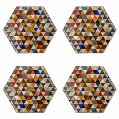 E. Inder Designs Four Hexagonal Coasters In Colourful Mosaic Boho Chic Design. With Heat Resistant Melamine Coating.