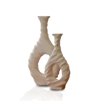 Marleth White Set Of Two Limra Stone Decor – Sculptural Openwork Vases In Natural Limeston