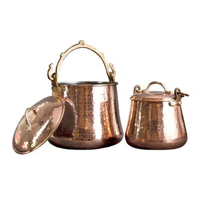 Anatoliacraft Neutrals Hammered Copper Storage Pot Set With Lids - Handcrafted Solid Copper Pots With Brass Handle