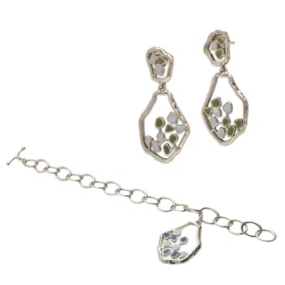 Dhwani Bansal Women's Silver / Blue / Green Silver And Enamel Laza Earrings And Bracelet Gift Set