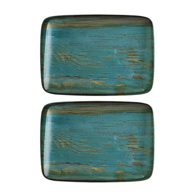 Turgla Home Blue / Brown Madera Rectangular Decorated Porcelain Plate Set Of Two
