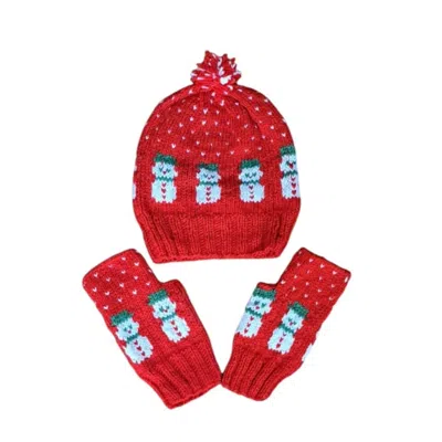 Springmoonatelier Women's Handmade New Year Wool Hat And Glove Set - Red & White