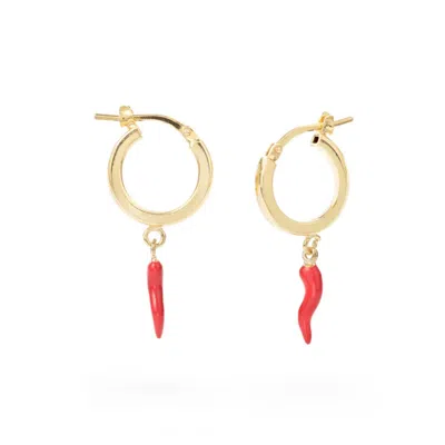 Unaloe Women's Red / Gold Hoop Earrings With Gold-plated Red Horn Pendant In Multi