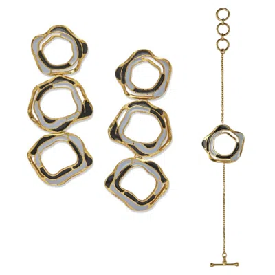 Dhwani Bansal Women's Gold / Black / Blue Gold And Enamel Aqua Earrings And Bracelet Gift Set In Multi