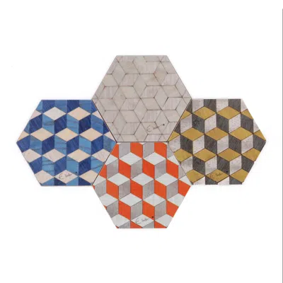 E. Inder Designs Blue / Neutrals Coaster Set Of Four In Mixed Colours Hexagonal Shape. Heat Proof Melamine.