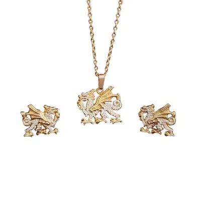 Simon Kemp Jewellers Women's Welsh Dragon Matching Necklace And Earrings Eighteen Carat Gold On Sterling Silver