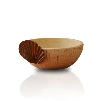 Marleth Neutrals Travertine Bowl For Interior Display, Beige Stone & Bronze Shell Detail