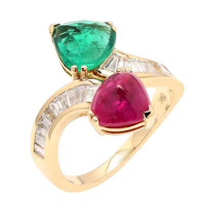 Artisan Women's Gold / Red / Green Ruby & Emerald Gemstone Baguette Diamond Heart Bypass Ring In Gold