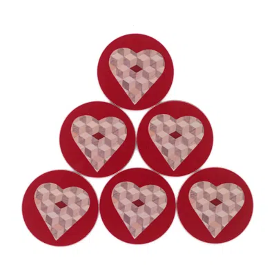 E. Inder Designs Set Of Six Coasters In Heart Design With Red Border. Red Pink And Grey. Luxe High Gloss Melamine. He