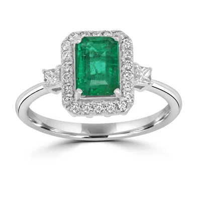 Artisan Women's White / Green Baguette Cut Emerald Gemstone Pave Diamond Designer Ring In White Gold