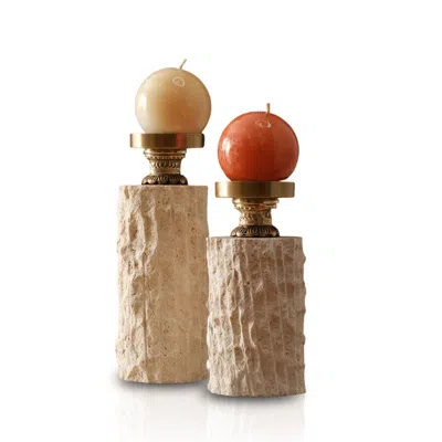 Marleth Neutrals Set Of Two Handmade Travertine Candle Holders – Set Of Two With Brass Tops