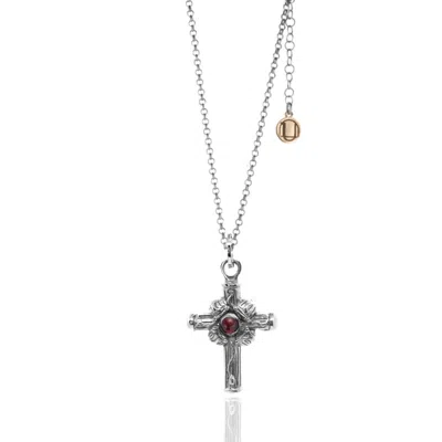 Unaloe Women's Silver / Red Sterling Silver Cross Necklace With Natural Garnet In Multi
