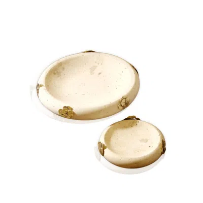 Marleth White Two Pieces Travertine Lexi Tray Set – Round Stone Trays With Brass Detailing