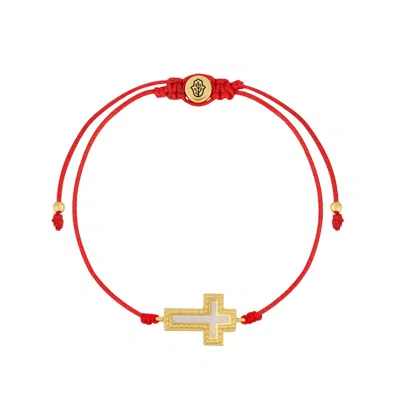 Karma And Luck Women's White / Red Faithful Abundance Cross Mother Of Pearl Red String Bracelet