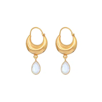 Opium Jewels Women's Gold / White Crescent Moon Gold Hoops - Rainbow Moonstone