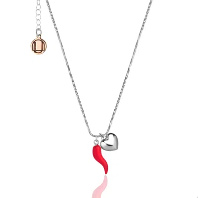 Unaloe Women's Silver / Red Sterling Silver Red Enamel Cornicello Necklace With Heart Charm – Handmade Ital