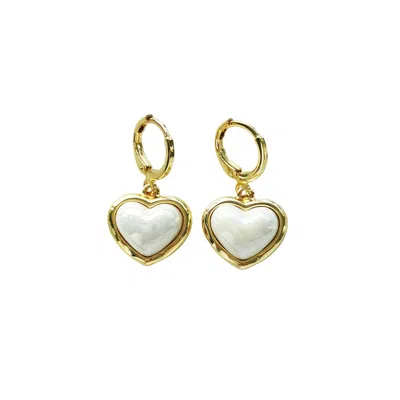Poporcelain Women's Gold / White Porcelain Pearly White Heart Drop Earrings