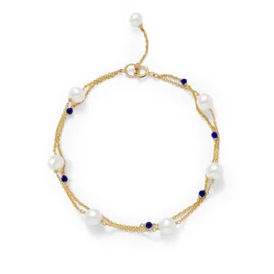 Pearls Of The Orient Online Women's Blue / White / Gold Credo Fine Double Chain Bracelet With Cultured Freshwater Pearls & Lapis