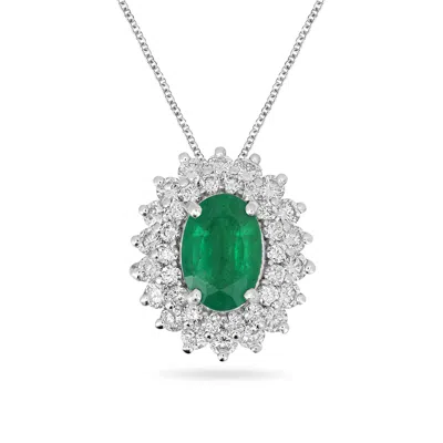Artisan Women's White / Green Emerald & Diamond Designer Oval Pendant In White Gold
