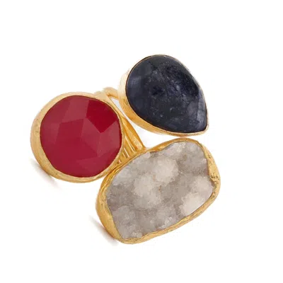 Ebru Jewelry Women's Pink / Purple / Red Energized Harmony Ruby, Quartz & Amethyst Adjustable Gemstone Ring - Gol