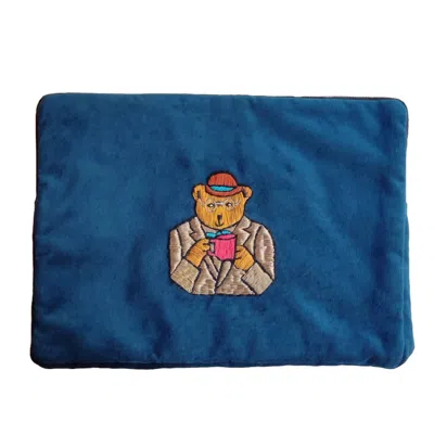 Ty Hedge Women's  Hand-embroidered Archie Bear Velvet Pouch— Blue/metallic
