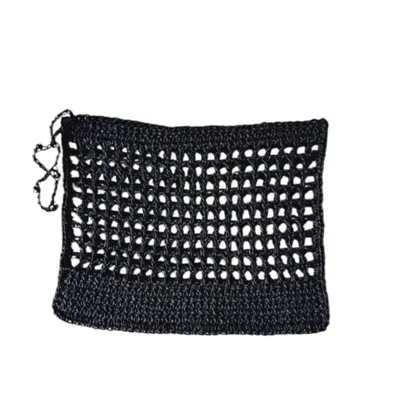 Springmoonatelier Women's Black Raffia Clutch Bag  Handmade Elegance With Zipper Closure