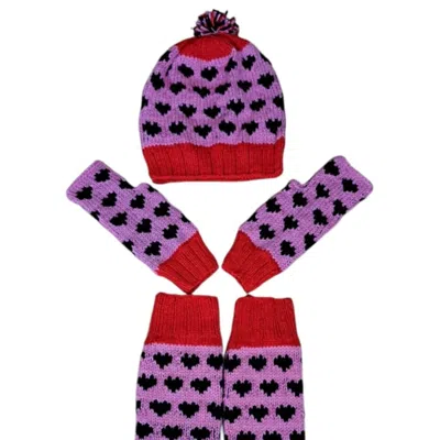 Springmoonatelier Women's Handmade Wool Red-pink-black Hat, Gloves And Socks Set