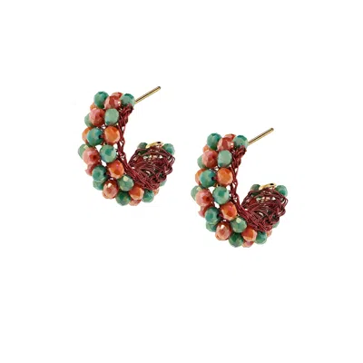 Lavish By Tricia Milaneze Women's Gold / Green / Red Sunset Coral Mix Dandelion Hoops Handmade Crochet Earrings