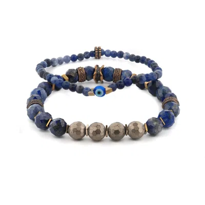 Ebru Jewelry Men's Gold / Blue Deep Wisdom Lapis & Evil Eye Beaded Bracelet Set - Blue