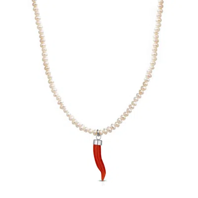 Unaloe Women's Baroque Pearl Necklace With Silver Coral Cornicello