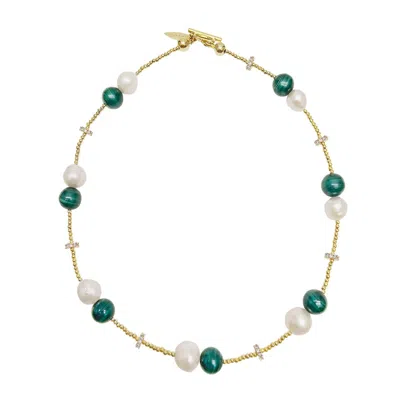 Farra Women's Green / White Malachite With Freshwater Pearls Versatile Choker Or Bracelet