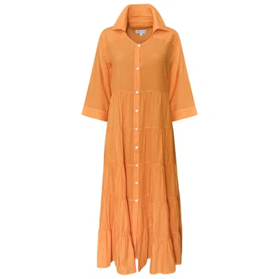 Perlavera Women's Yellow / Orange Oreo Orange Solid Soft Cotton Three Quarter Sleeve Length Maxi Dress In Orange
