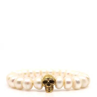 Shar Oke Men's Gold / White Freshwater Pearl & Gold Skull Beaded Bracelet