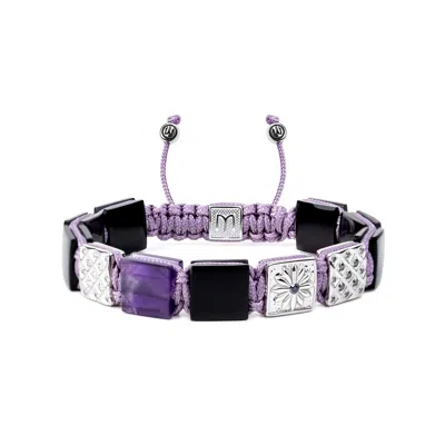 Mahigan Pink / Purple / Silver Women's Silver Macrame Flat-bead Bracelet With Black Onyx & Amethyst