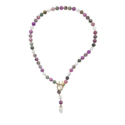 Farra Women's Pink / Purple Purple Gemstone And Freshwater Pearls Y Shape Necklace