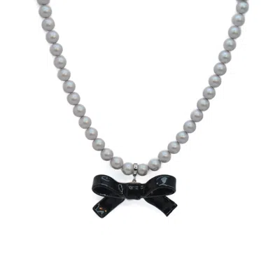 H2 Studio Women's Grey / Black Bow Tie Maniac Black Ribbon Bowtie Detachable Pendant Dove Grey Crystal Pearl N