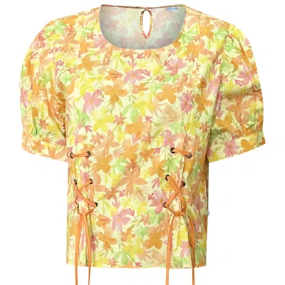 Perlavera Women's Yellow / Orange Daniel Cotton Yellow Peach Strings Printed Puff Sleeve Shirt With Eyelets In Yellow