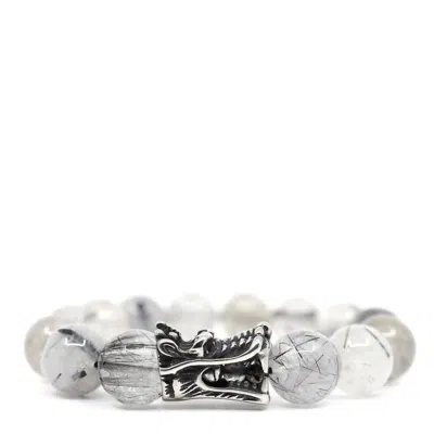 Shar Oke Men's White / Silver / Black Black Rutilated Quartz & Dragon Beaded Bracelet