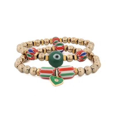 Ebru Jewelry Women's Gold / Green / Red African & Gold Beaded Heart Charm Bracelet Set - Gold
