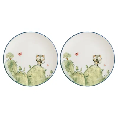 Turgla Home Green / White Minimeals Round Decorated Porcelain Plate Set Of Two