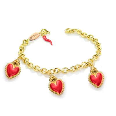 Unaloe Women's Gold / Black Gold-plated Silver Bracelet With Three Red Heart Pendants And Horn