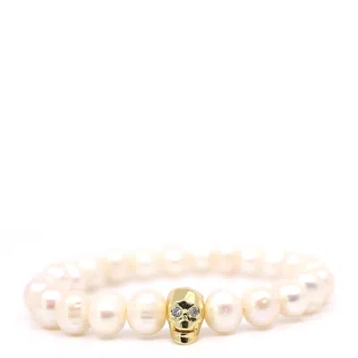 Shar Oke Men's Gold / White Freshwater Pearl & Gold Skull & Cubic Zironia Beaded Bracelet