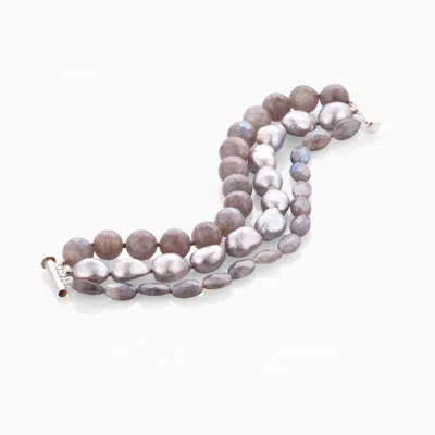 Jojo Harris Women's Grey / Silver Laura Labradorite & Grey Baroque Pearl Triple Strand Bracelet.