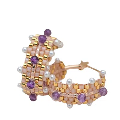 Jeannierichard Women's Pink / Purple / White Coronet Beaded Gold Hoops With Amethyst